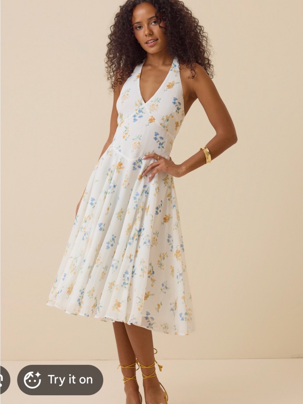 Altar'd State White Floral Halter Midi Dress with Blue & Yellow Blooms
